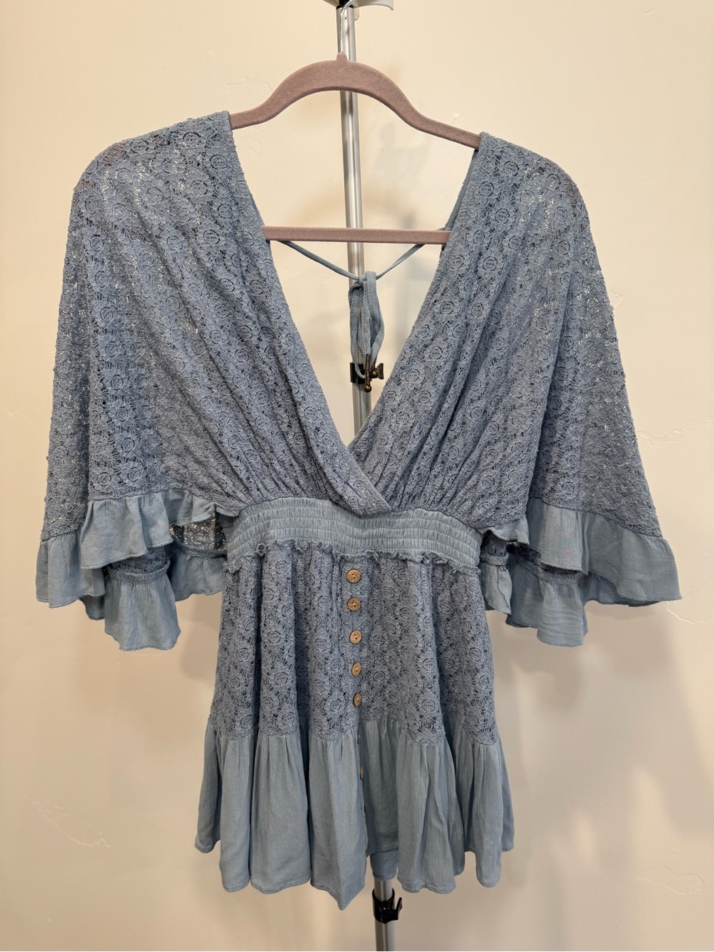 Free People Women's Light Blue Lace Surplice Ruffle Romper